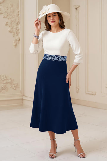 Marine A Ligne Bateau col 3/4 Manches Midi Robe d’invité de mariage avec appliques